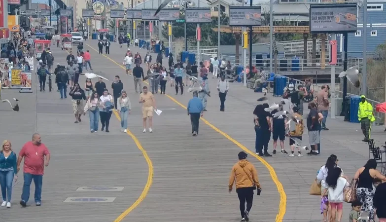 Atlantic City Cams showing live views along the boardwalk with people walking, beachgoers, casinos, and ocean scenery in Atlantic City, New Jersey.