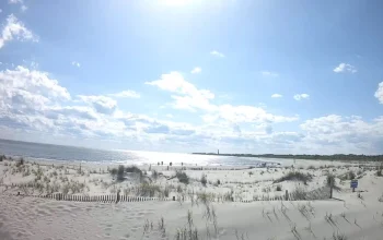 Live webcam view of Cape May, NJ beach showing sandy shoreline, gentle ocean waves, and beachgoers enjoying a sunny day with colorful umbrellas and blue skies.