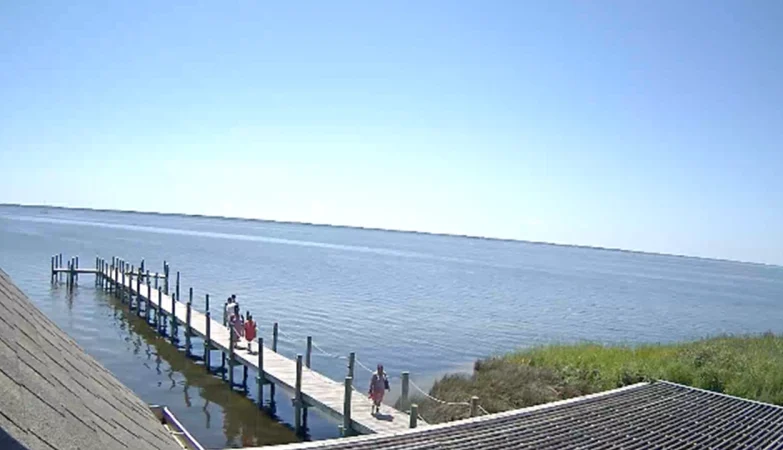 Live view of Duck, NC from Duck Boardwalk webcam showing coastal scenery, boardwalk path, and surrounding waterfront area.