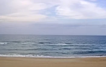 A scenic view of Kitty Hawk, NC beach with gentle ocean waves, soft sand, and clear blue sky.