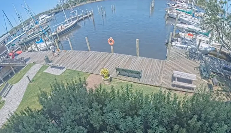 Manteo Marina live cam showing fishing boats, calm harbor waters, and waterfront activity under changing coastal skies.