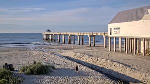 A vibrant view of Surfside Beach, South Carolina, showing the sandy shoreline, gentle ocean waves, and the Surfside Beach Pier extending over the water under a clear blue sky.