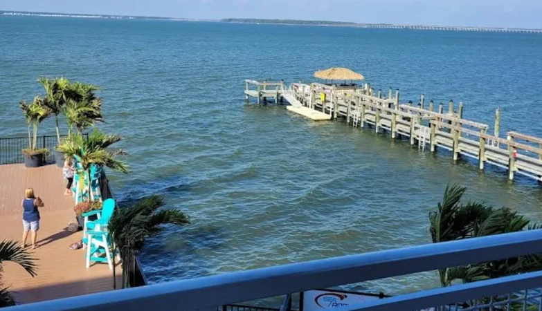Scenic bayside waterfront view from Aloft Ocean City featuring calm waters, a gorgeous pier, and a vibrant sunny sky.