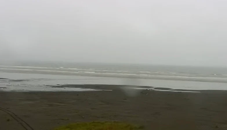 Scenic beach view in Seabrook, Washington with sandy shoreline, rolling waves, with coastal homes nearby overlooking the Pacific Ocean.