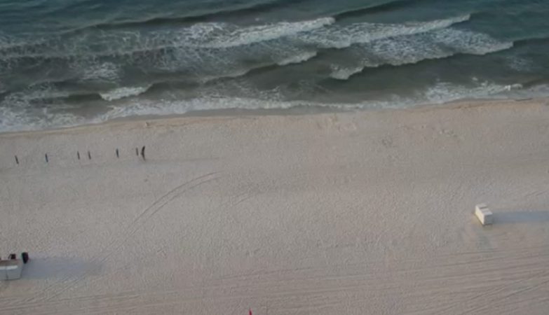 Sweeping beach view from a Phoenix IX balcony in Orange Beach, Alabama, showing white sand, gentle waves, and the Gulf stretching to the horizon.