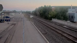 View of train tracks in Wichita, Kansas with wide open skies in the background