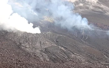 Daytime webcam image showing steam rising from Kīlauea Caldera on the Big Island of Hawaii