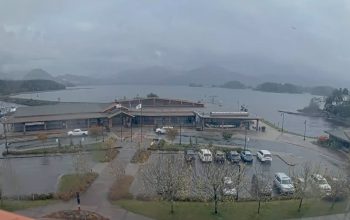 Live webcam view of Sitka, Alaska, showing Crescent Bay and rugged mountains rising behind Baranof Island.